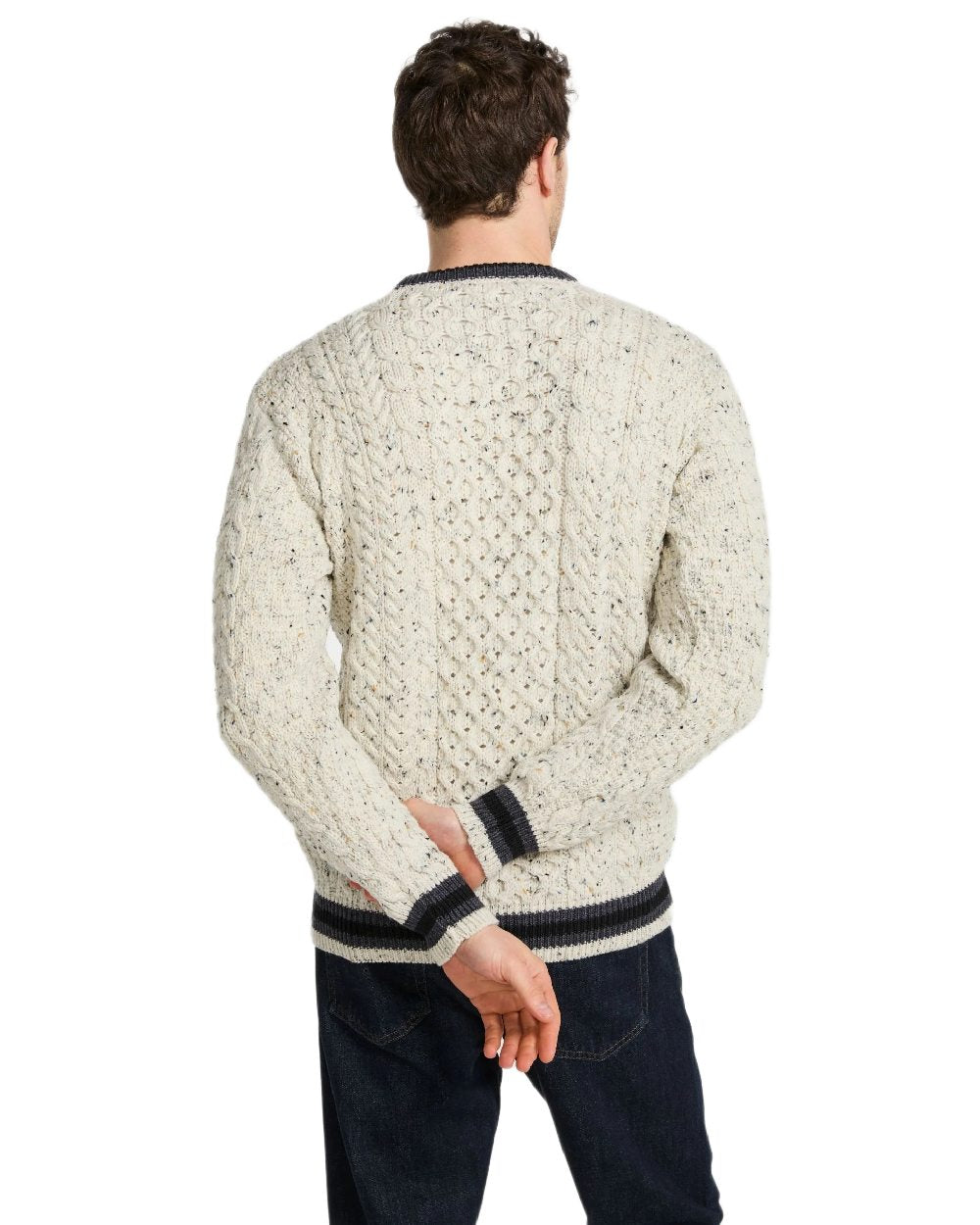 Flecked Cream Coloured Aran Mens Inishbeg Stripe Crewneck Merino Sweater on white background 
