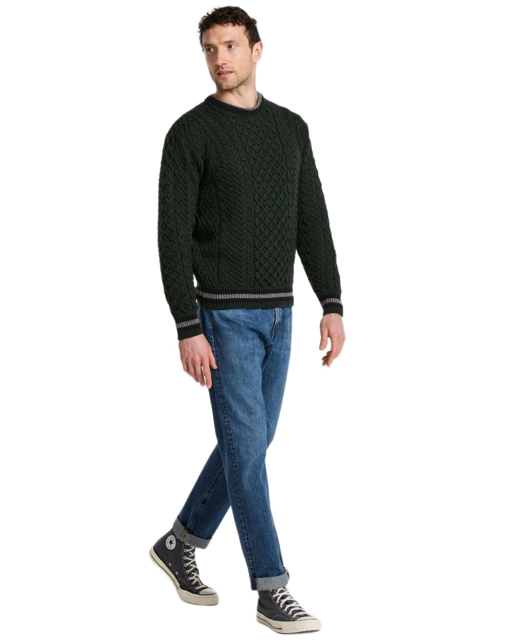Green Coloured Aran Mens Inishbeg Stripe Crewneck Merino Sweater on white background 