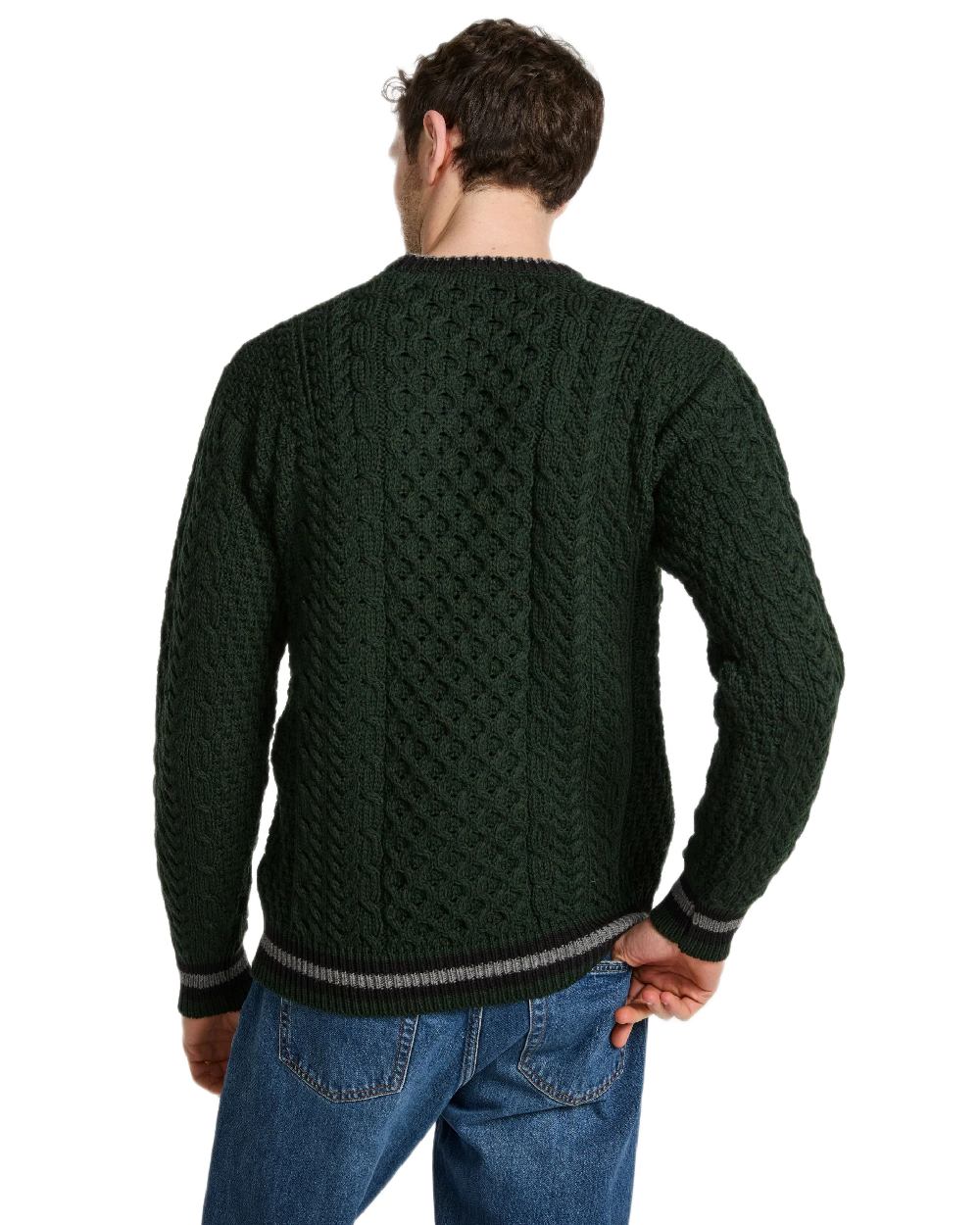 Green Coloured Aran Mens Inishbeg Stripe Crewneck Merino Sweater on white background 