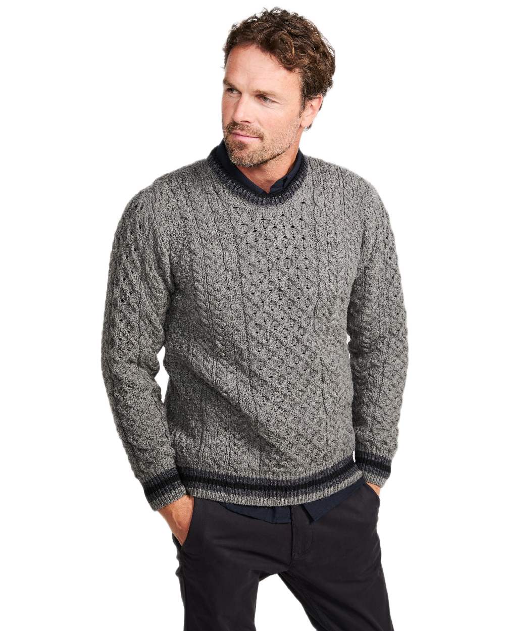 Grey Coloured Aran Mens Inishbeg Stripe Crewneck Merino Sweater on white background 