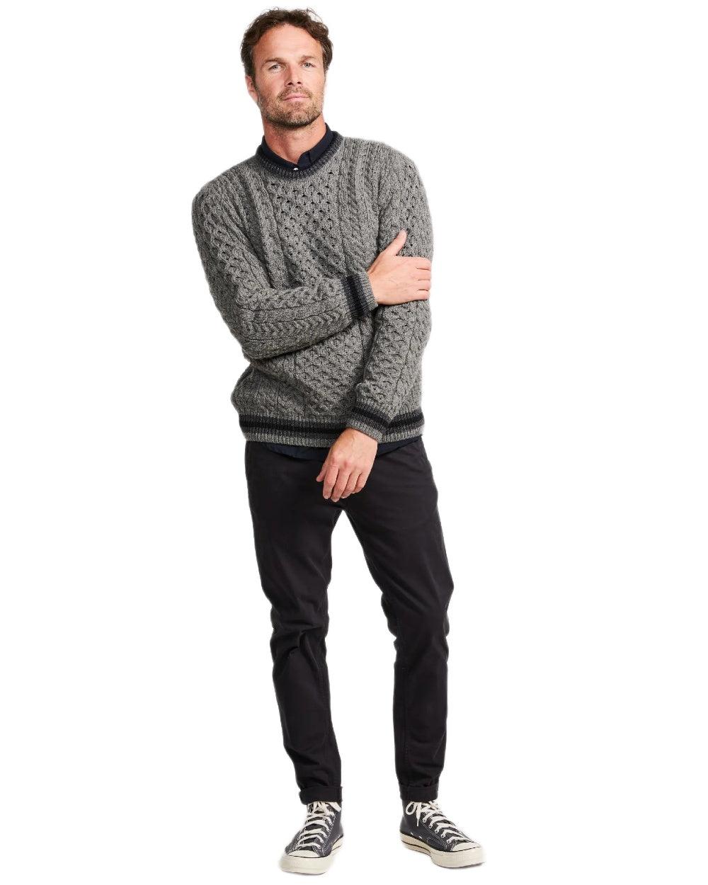 Grey Coloured Aran Mens Inishbeg Stripe Crewneck Merino Sweater on white background 