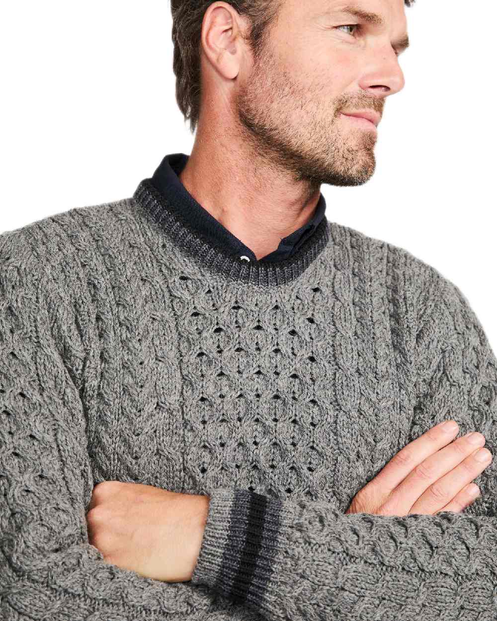 Grey Coloured Aran Mens Inishbeg Stripe Crewneck Merino Sweater on white background 