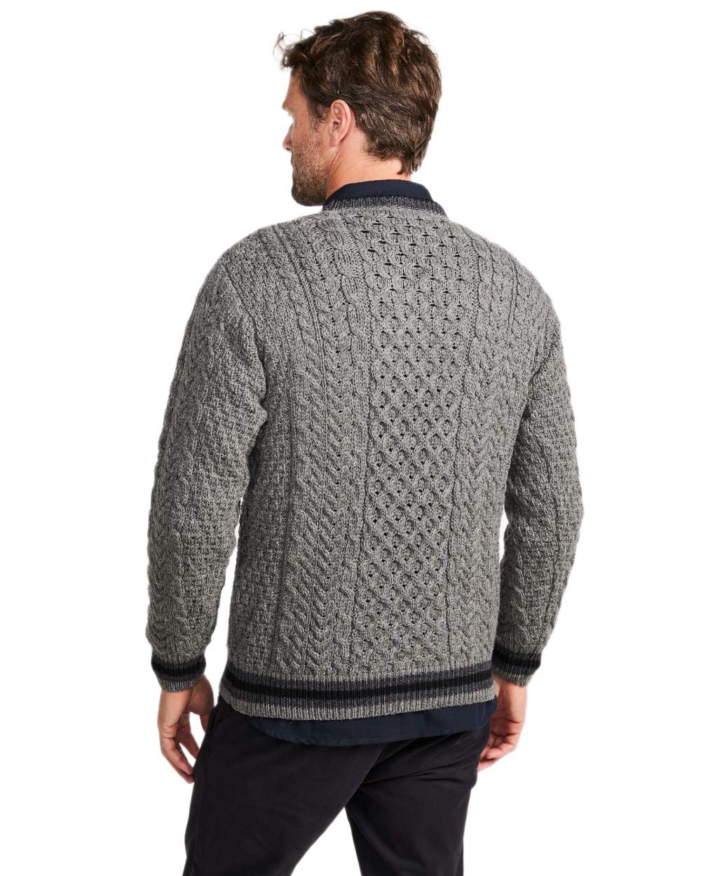 Grey Coloured Aran Mens Inishbeg Stripe Crewneck Merino Sweater on white background 