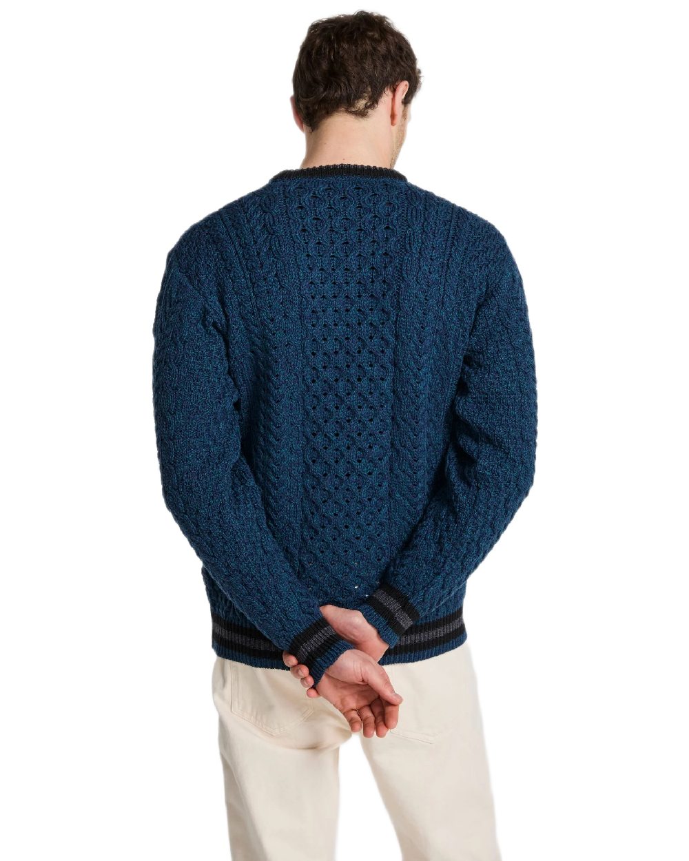 Teal Coloured Aran Mens Inishbeg Stripe Crewneck Merino Sweater on white background 
