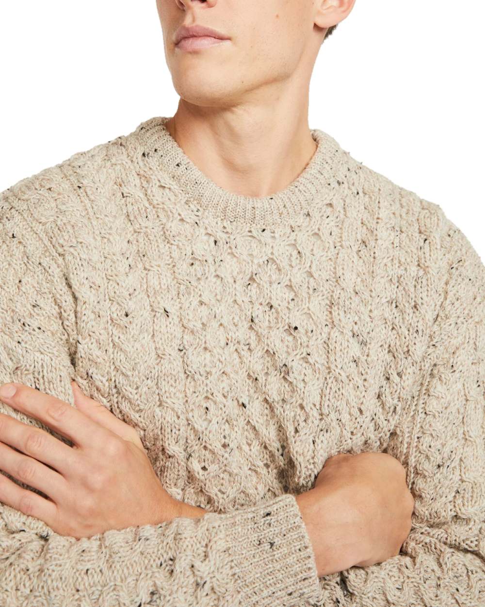 Flecked Oat coloured Aran Mens Inishbofin Traditional Sweater on white background 