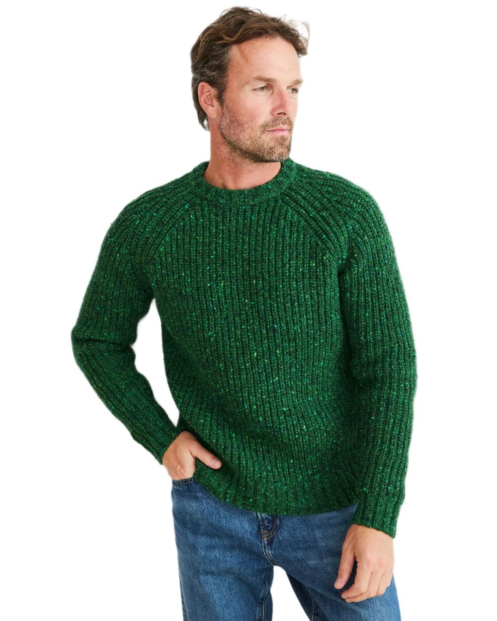 Bright Green Coloured Aran Mens Killykeen Fisherman Ribbed Crew on white background 