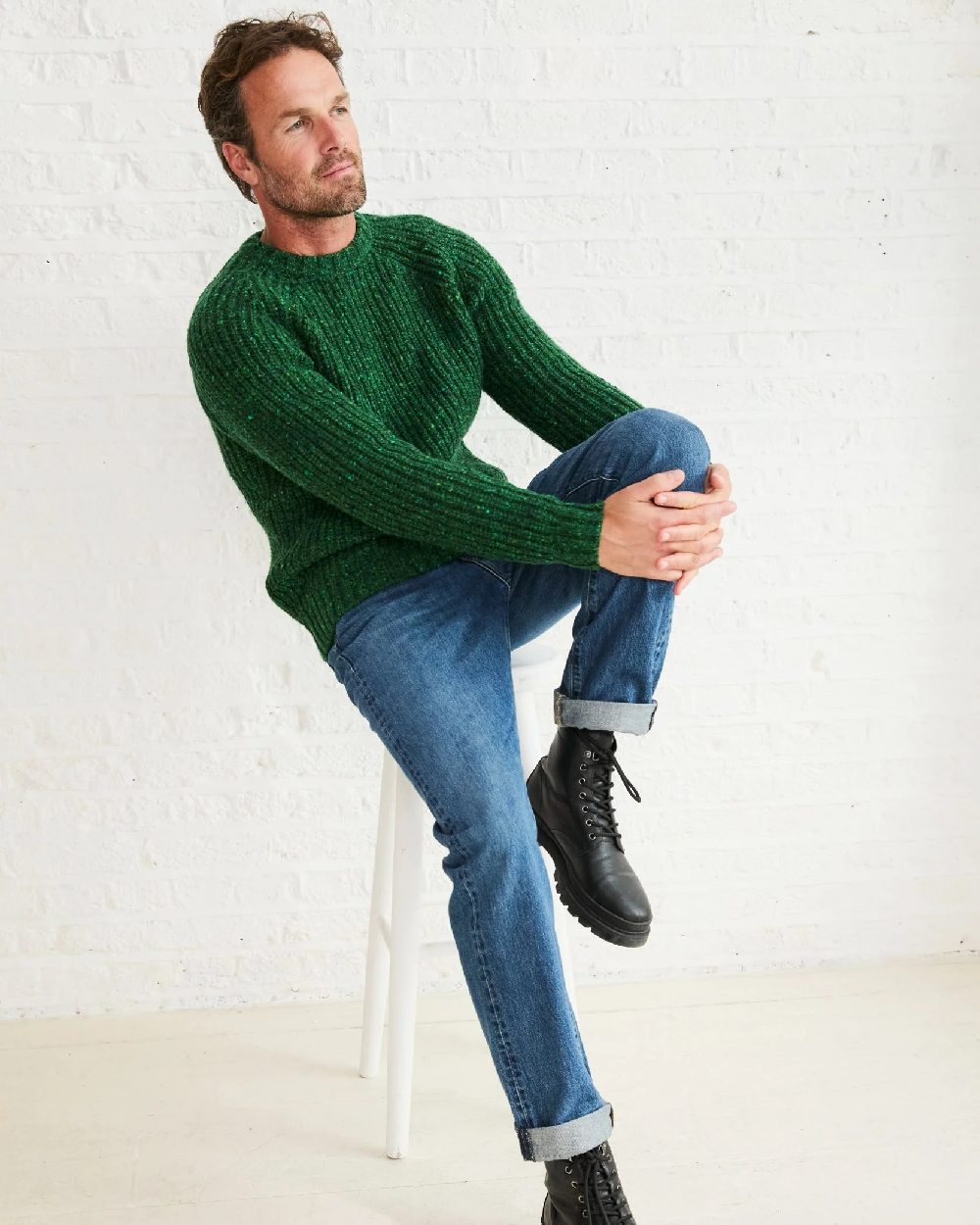 Bright Green Coloured Aran Mens Killykeen Fisherman Ribbed Crew on indoor background 