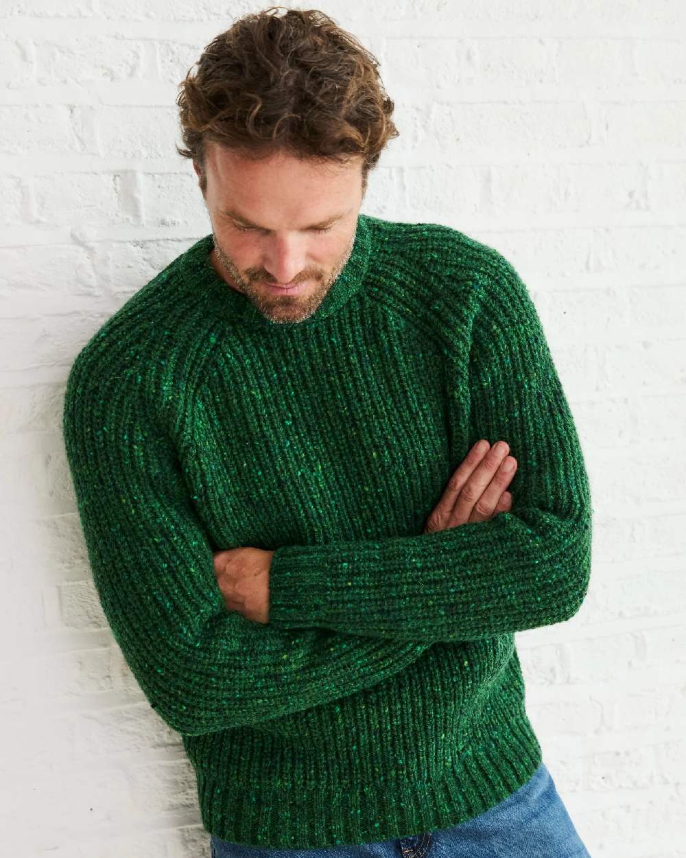 Bright Green Coloured Aran Mens Killykeen Fisherman Ribbed Crew on indoor background 