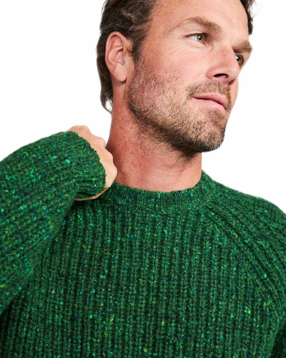 Bright Green Coloured Aran Mens Killykeen Fisherman Ribbed Crew on white background 