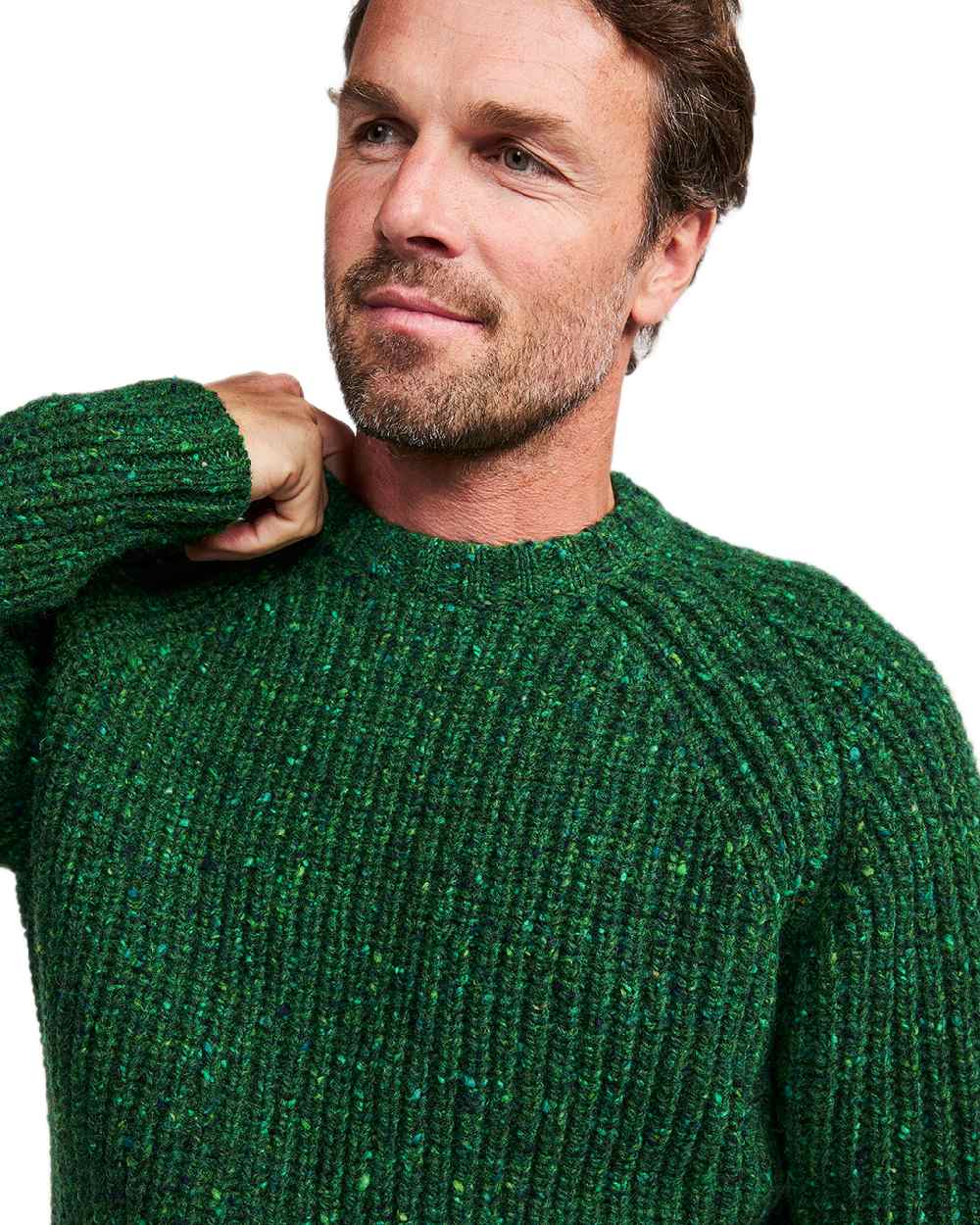 Bright Green Coloured Aran Mens Killykeen Fisherman Ribbed Crew on white background 