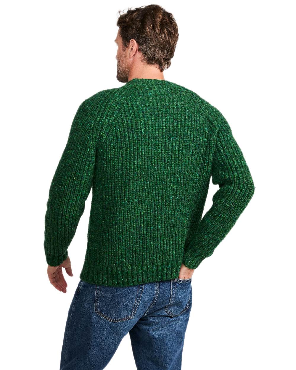Bright Green Coloured Aran Mens Killykeen Fisherman Ribbed Crew on white background 