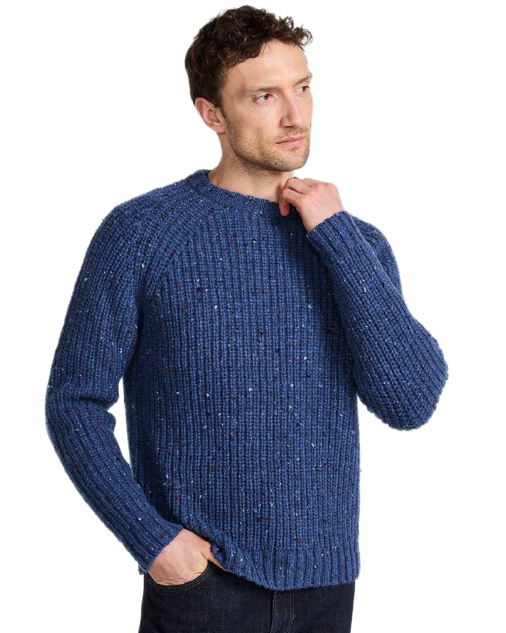 Denim Coloured Aran Mens Killykeen Fisherman Ribbed Crew on white background 