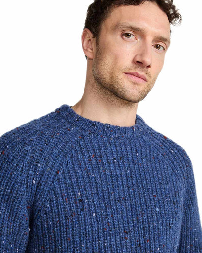 Denim Coloured Aran Mens Killykeen Fisherman Ribbed Crew on white background 
