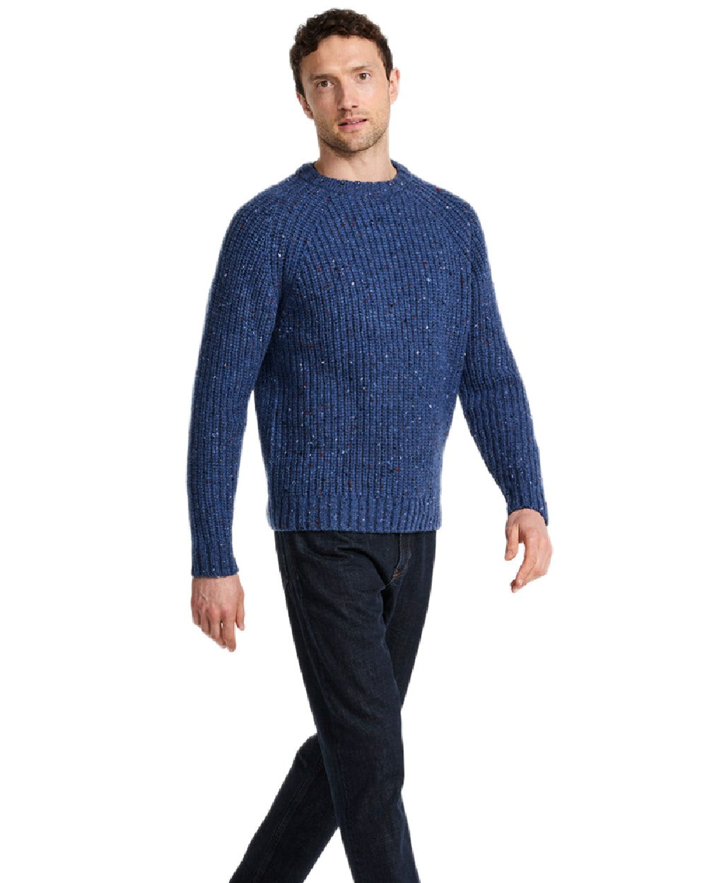 Denim Coloured Aran Mens Killykeen Fisherman Ribbed Crew on white background 