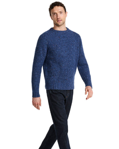Denim Coloured Aran Mens Killykeen Fisherman Ribbed Crew on white background 
