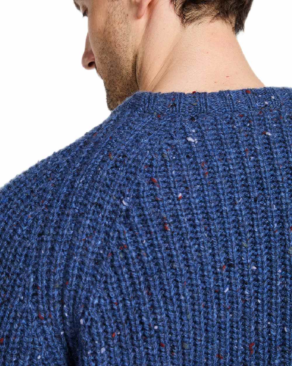 Denim Coloured Aran Mens Killykeen Fisherman Ribbed Crew on white background 