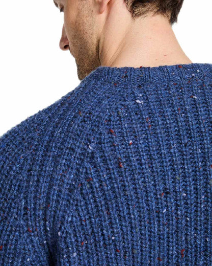 Denim Coloured Aran Mens Killykeen Fisherman Ribbed Crew on white background 