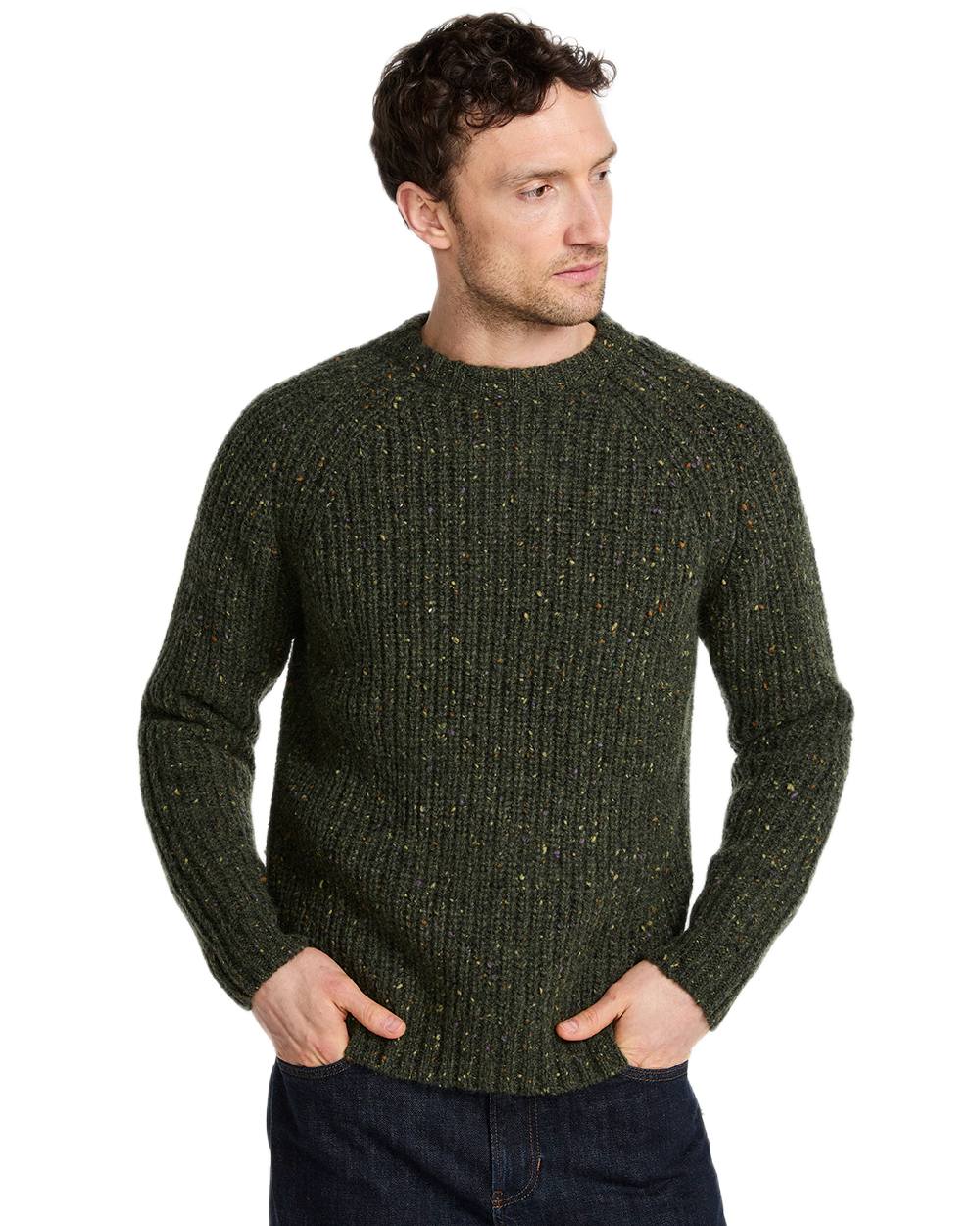 Green Coloured Aran Mens Killykeen Fisherman Ribbed Crew on white background 
