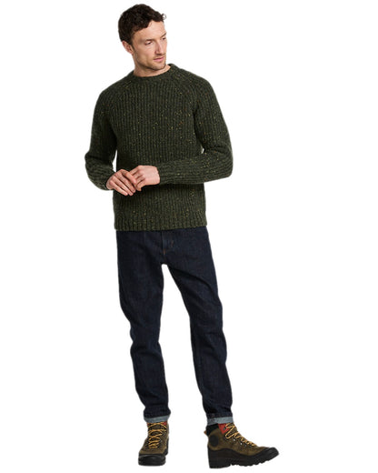 Green Coloured Aran Mens Killykeen Fisherman Ribbed Crew on white background 