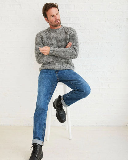 Light Grey Coloured Aran Mens Killykeen Fisherman Ribbed Crew on indoor background 