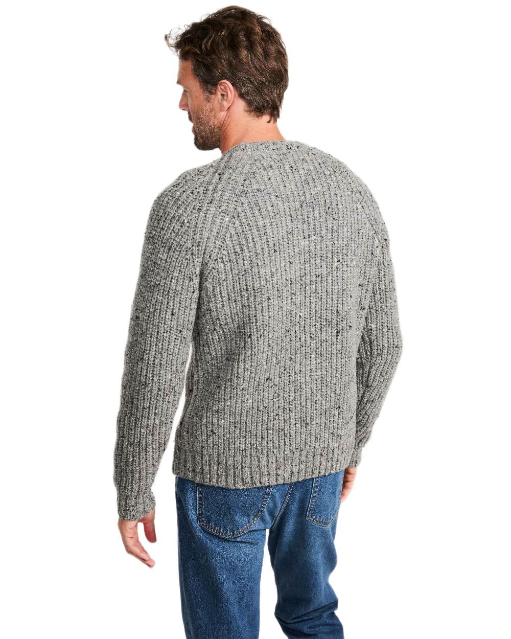 Light Grey Coloured Aran Mens Killykeen Fisherman Ribbed Crew on white background 