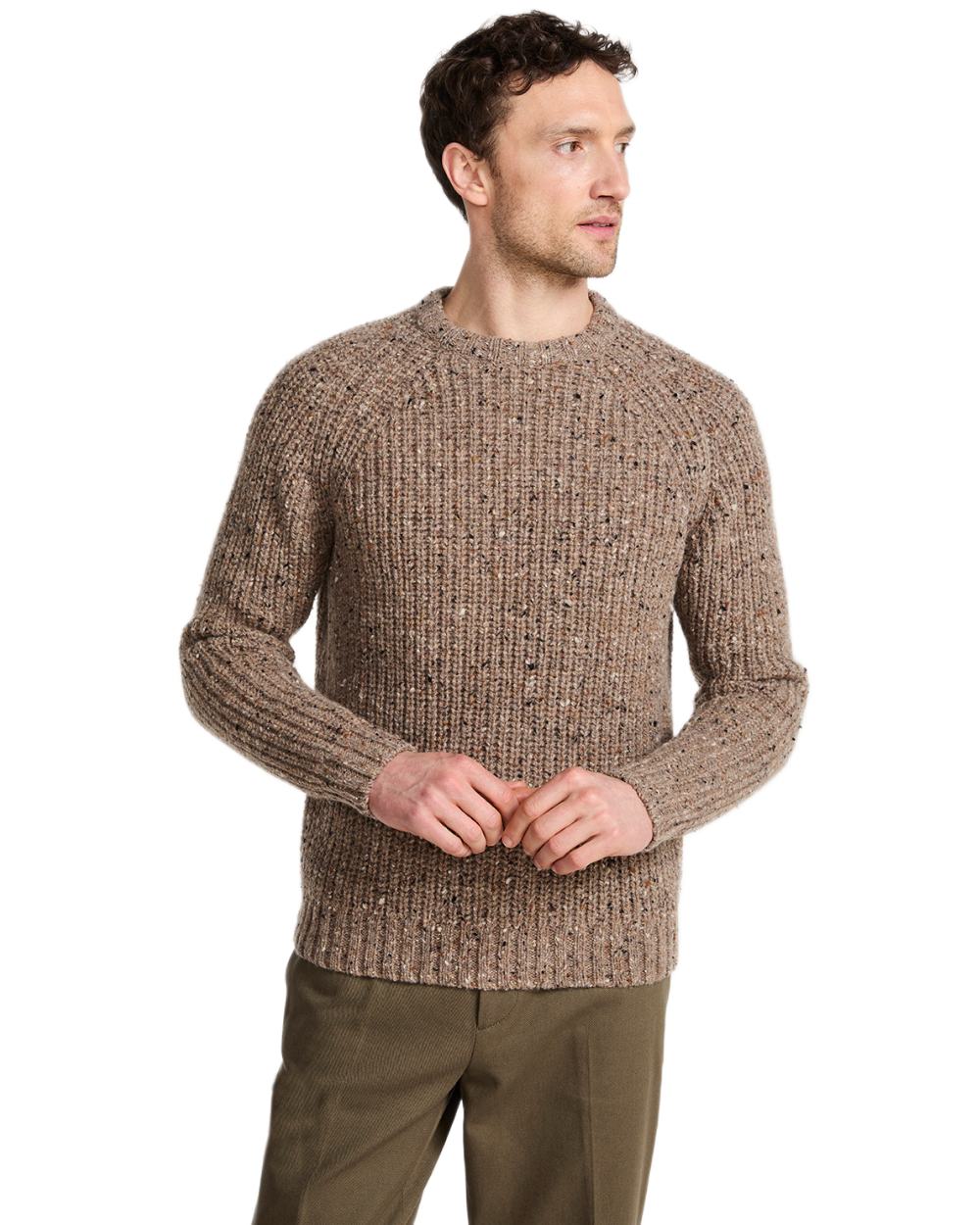 Oat Coloured Aran Mens Killykeen Fisherman Ribbed Crew on white background 