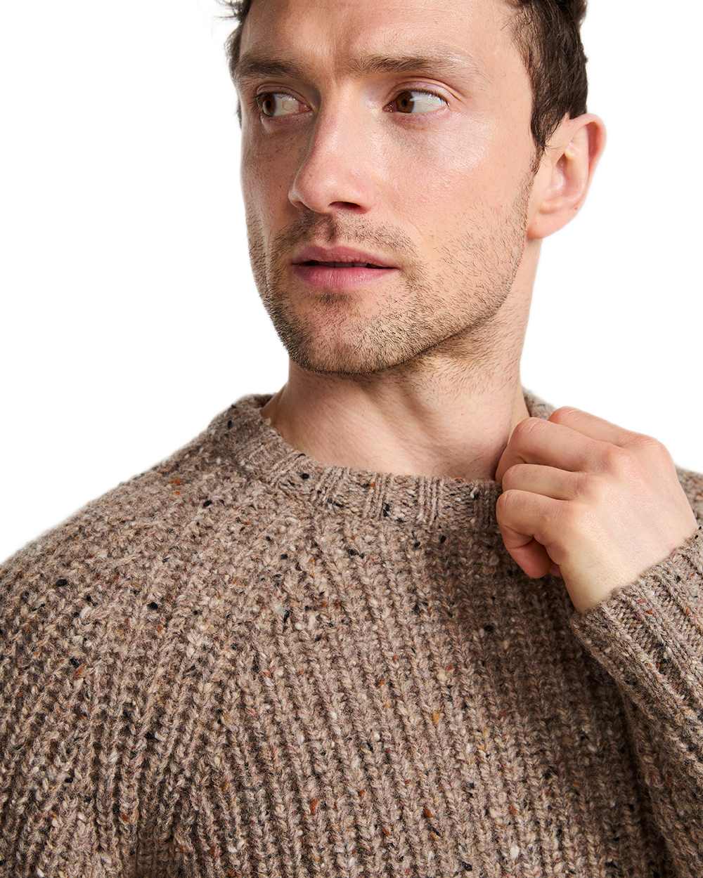 Oat Coloured Aran Mens Killykeen Fisherman Ribbed Crew on white background 