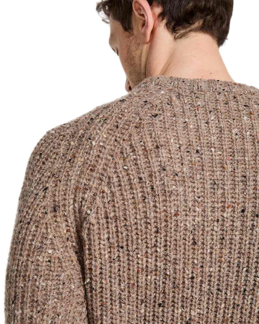 Oat Coloured Aran Mens Killykeen Fisherman Ribbed Crew on white background 