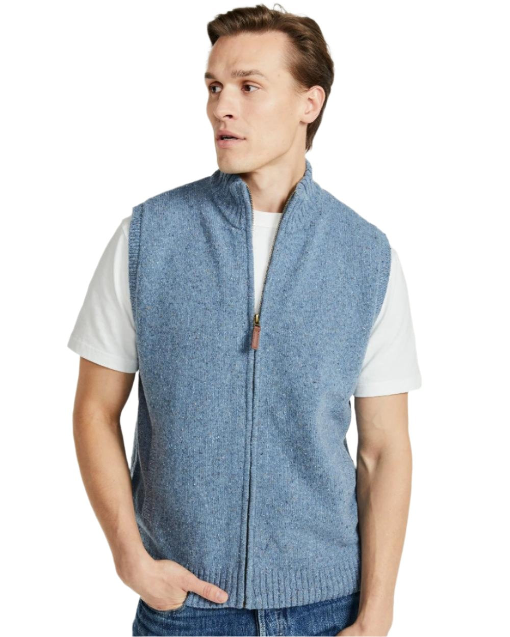 Blue Coloured Aran Mens Rossport Nepped Gilet on white background 