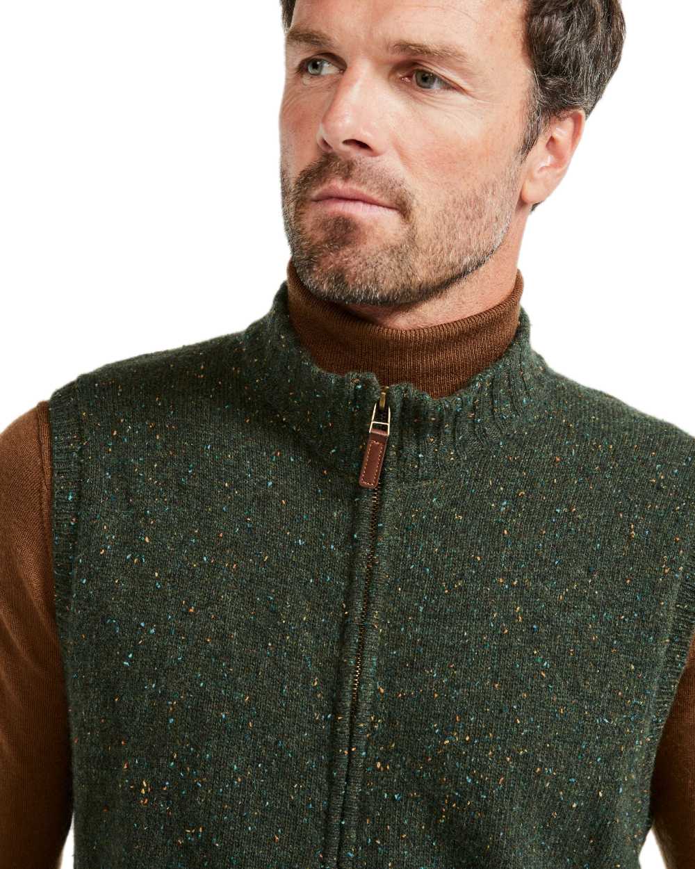 Green Coloured Aran Mens Rossport Nepped Gilet on white background 