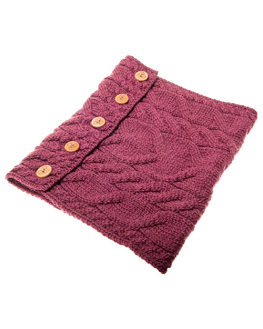 Burgundy colour Aran Merino Wool Button Snood on white background 