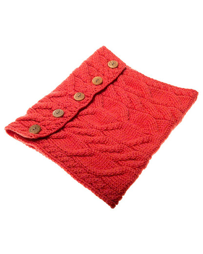 Coral colour Aran Merino Wool Button Snood on white background 