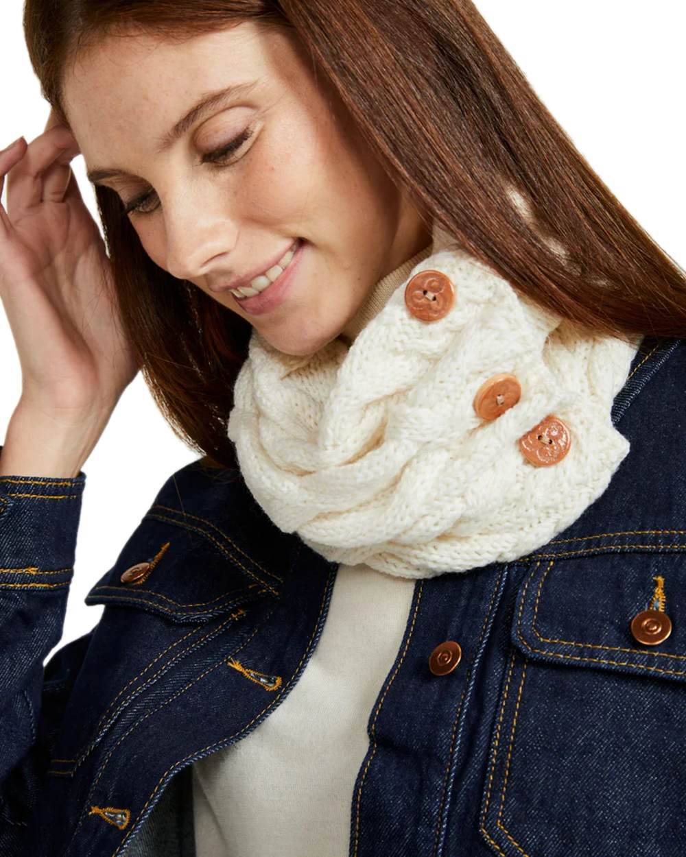 Cream colour Aran Merino Wool Button Snood on white background 