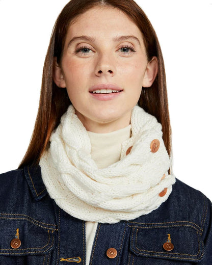 Cream colour Aran Merino Wool Button Snood on white background 