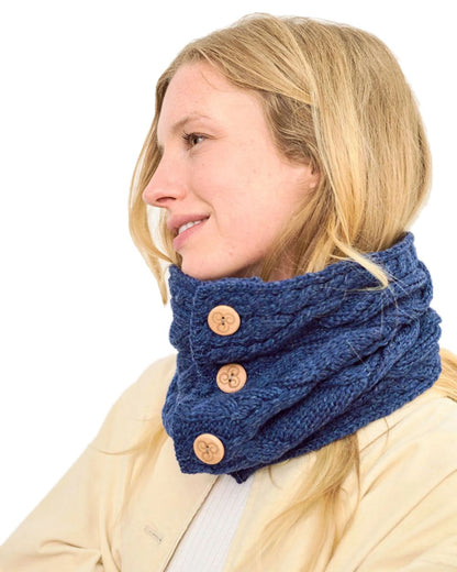 Navy colour Aran Merino Wool Button Snood on white background 