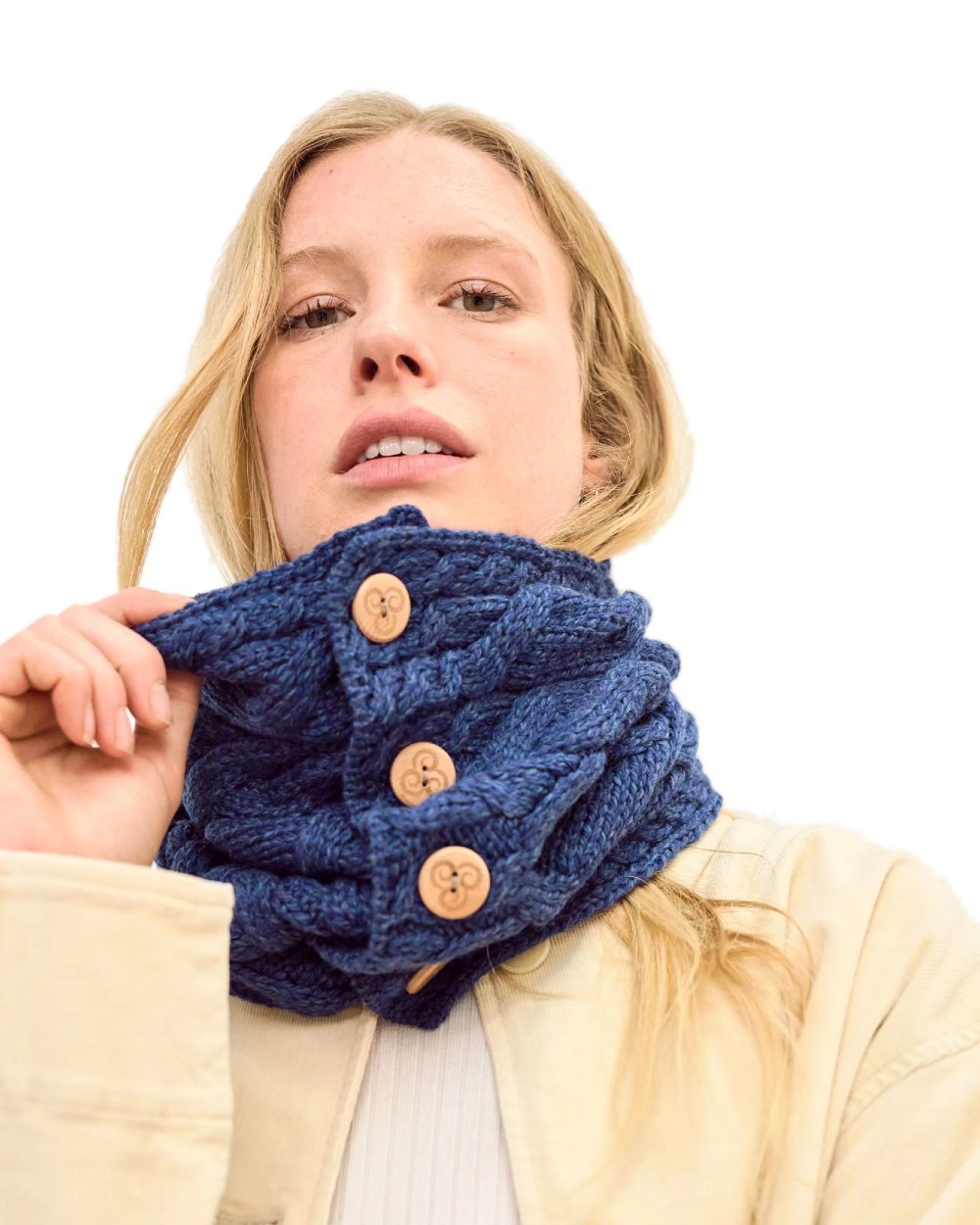 Navy colour Aran Merino Wool Button Snood on white background 