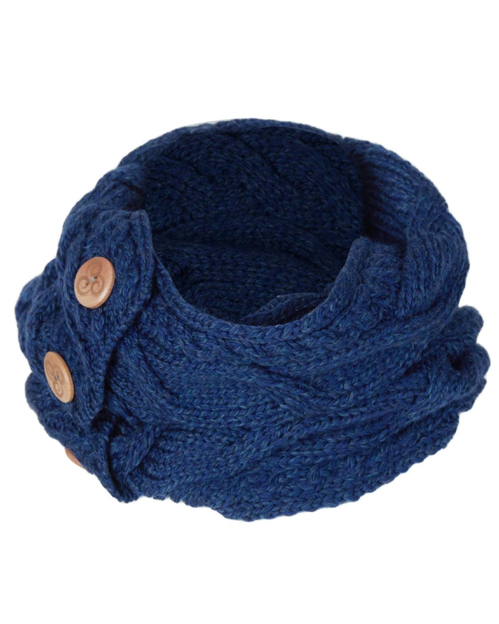 Navy colour Aran Merino Wool Button Snood on white background 