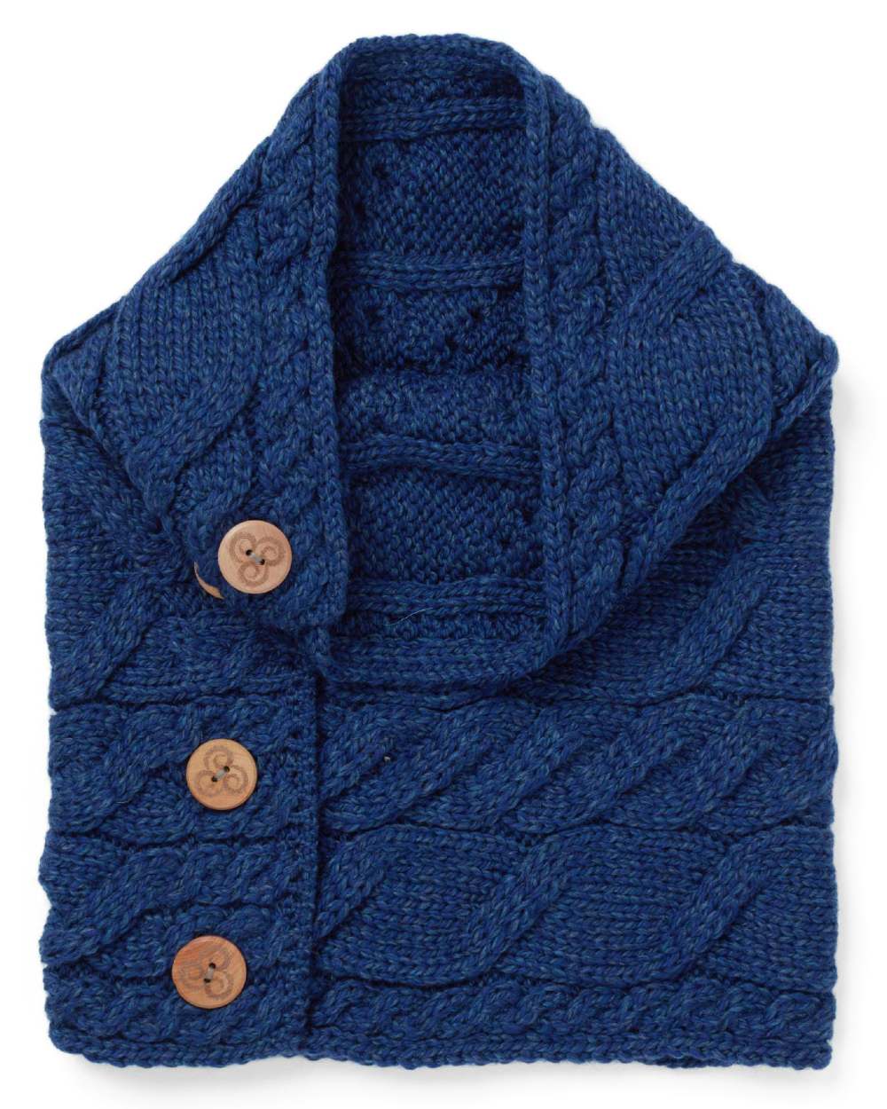 Navy colour Aran Merino Wool Button Snood on white background 