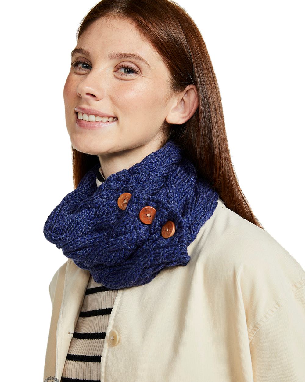 Navy colour Aran Merino Wool Button Snood on white background 