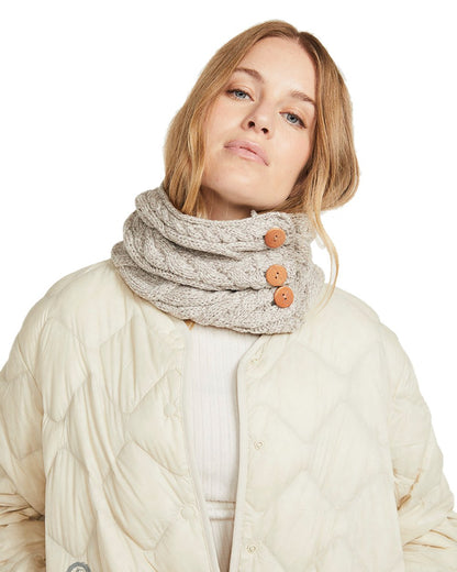 Oat colour Aran Merino Wool Button Snood on white background 