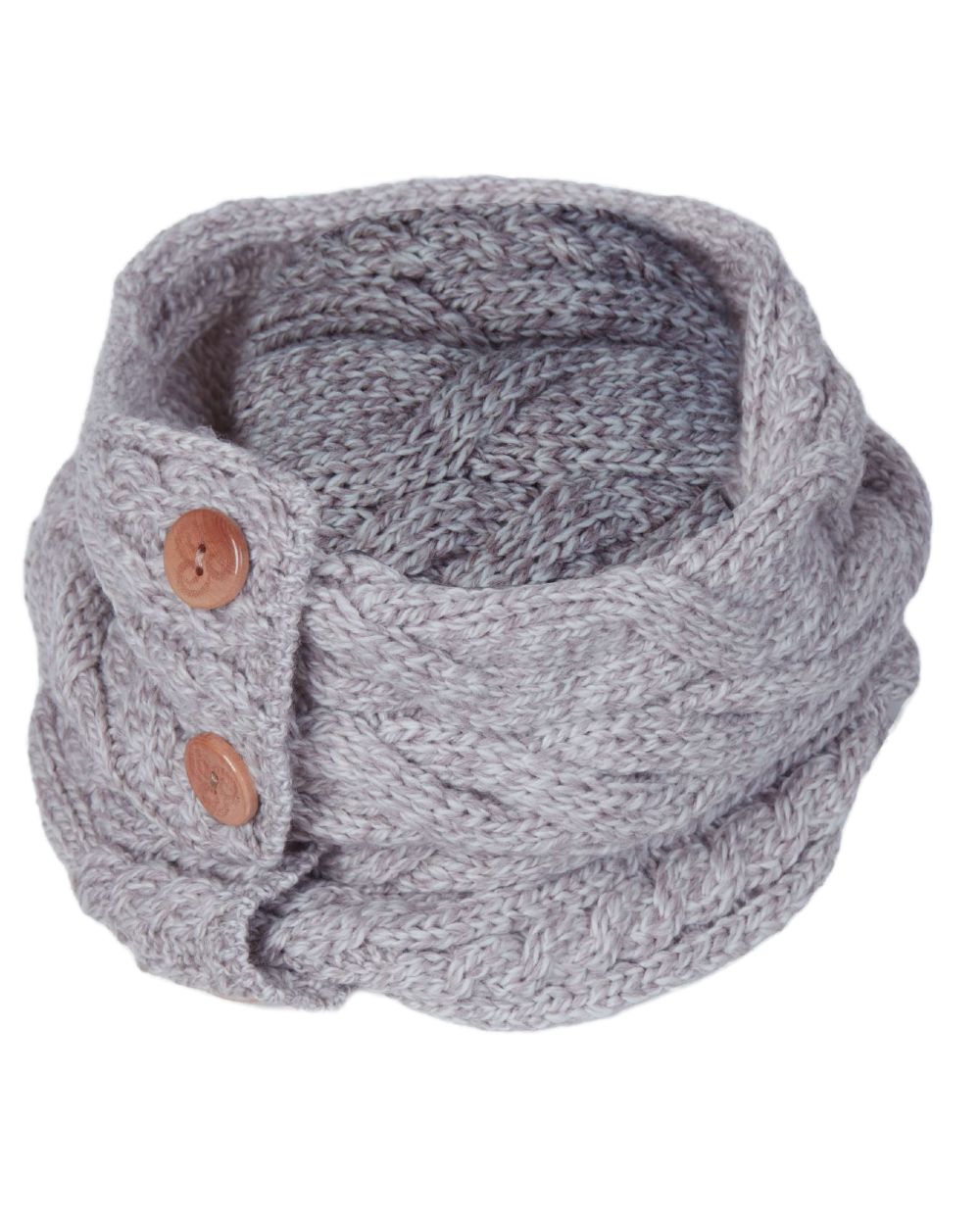 Oat colour Aran Merino Wool Button Snood on white background 