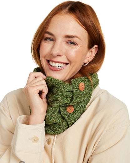 Sage Green colour Aran Merino Wool Button Snood on white background 