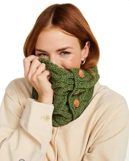 Sage Green colour Aran Merino Wool Button Snood on white background 