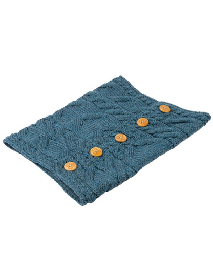 Teal colour Aran Merino Wool Button Snood on white background 