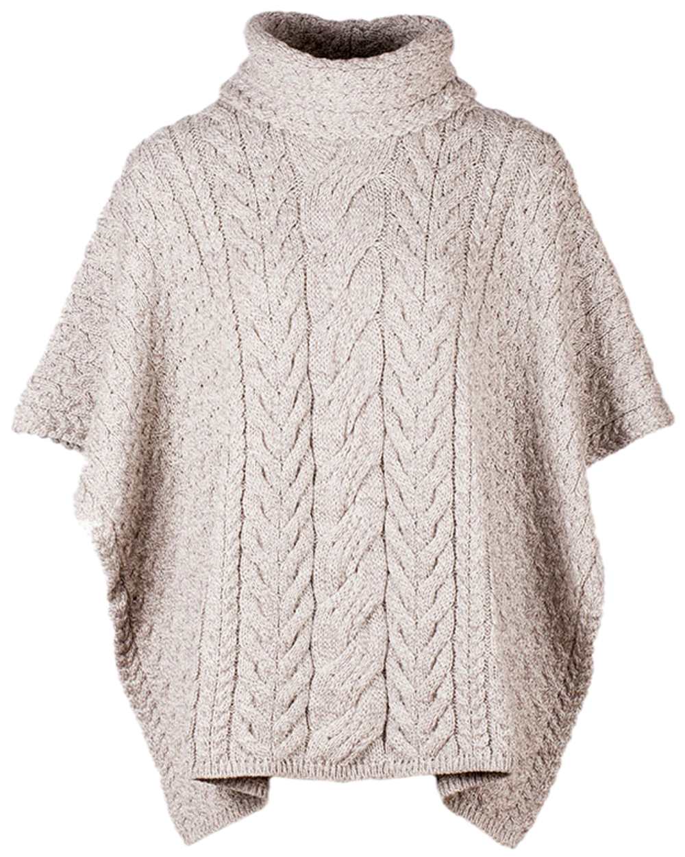 Beige Coloured Aran Merino Wool Cowl Neck Poncho on white background 