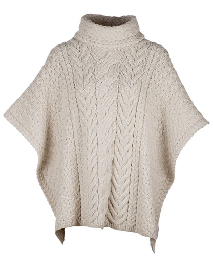 Cream Coloured Aran Merino Wool Cowl Neck Poncho on white background 