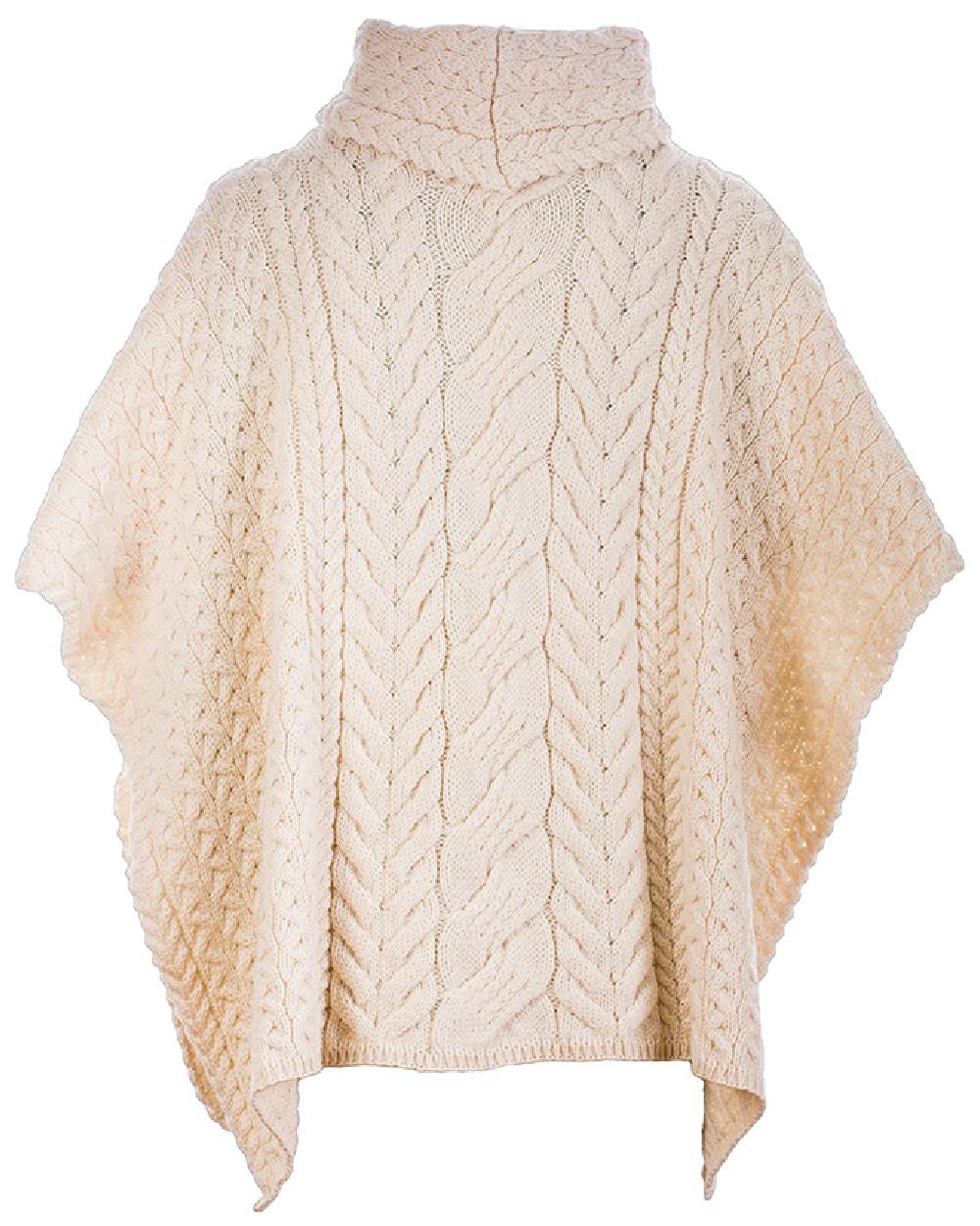 Cream Coloured Aran Merino Wool Cowl Neck Poncho on white background 