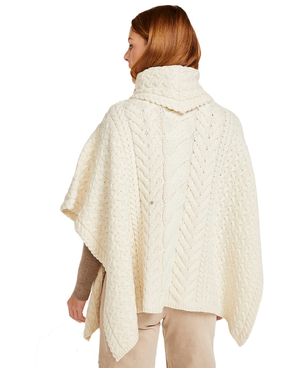 Cream Coloured Aran Merino Wool Cowl Neck Poncho on white background 