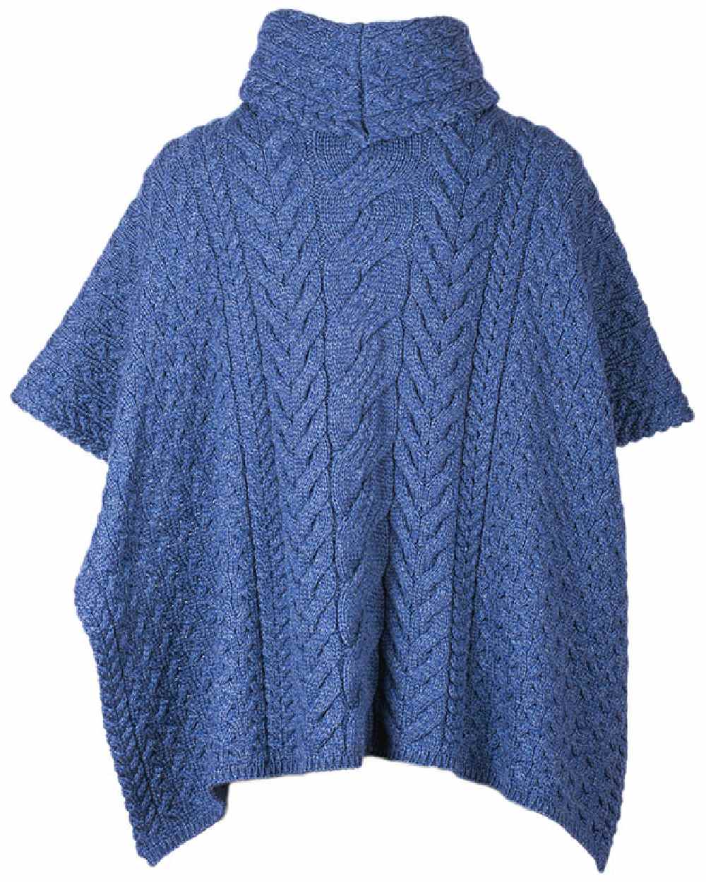 Deep Blue Coloured Aran Merino Wool Cowl Neck Poncho on white background 