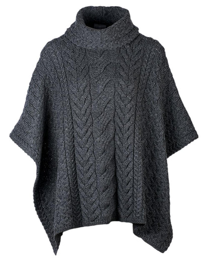 Grey Coloured Aran Merino Wool Cowl Neck Poncho on white background 